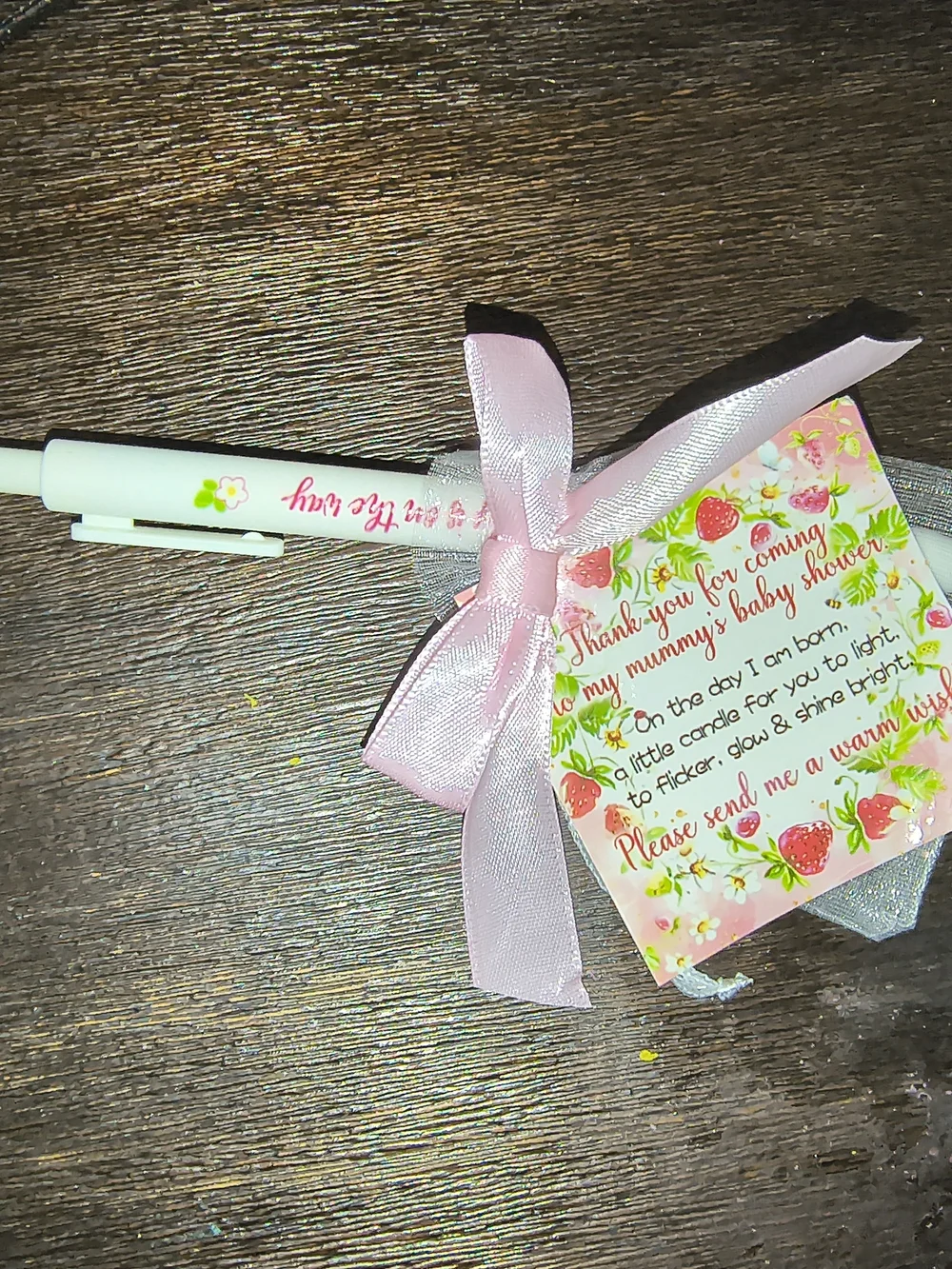 Baby Shower strawberry Favor Set — Pink Tea Light & Pen. 7pk